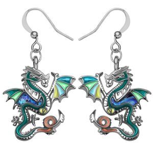 Silver and Multicolor Enamel Mythical Dragon Dangling French Wire Hook Earrings